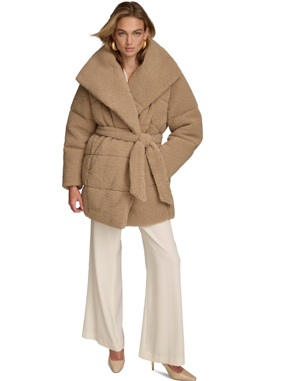 Donna Karan Camel Teddy Wrap Coat with Belt